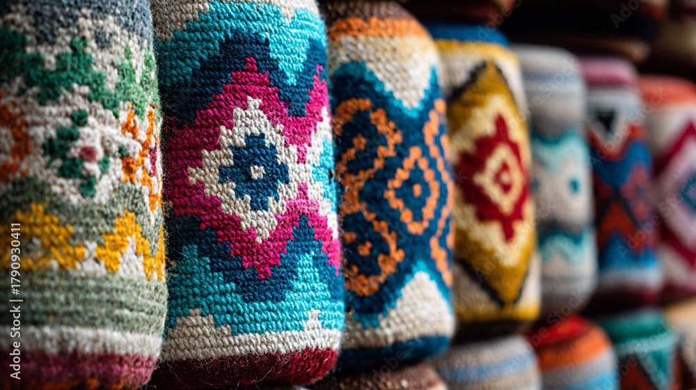 Fototapeta premium Close up of vibrant handmade indigenous arts and crafts showcasing intricate patterns and textures, highlighting the rich cultural heritage and craftsmanship of traditional artisans