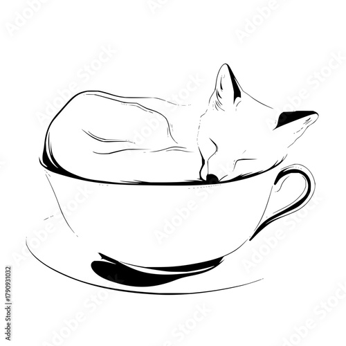 A delicate line drawing of a fox sleeping peacefully inside of a teacup on a matching saucer art