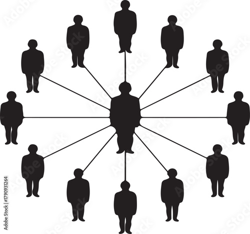 Black human silhouettes connected by lines in a radial pattern people white vector illustration EPS file download.
