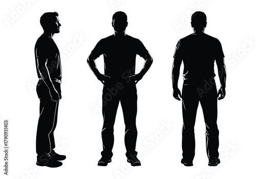 Human silhouette, front view, side view, back view, glowing outline, fashion template, character modeling, anatomy reference, pose study, 