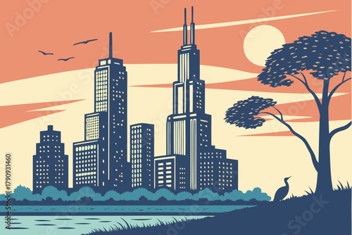 Modern city skyline at dusk — glowing windows, silhouettes of buildings