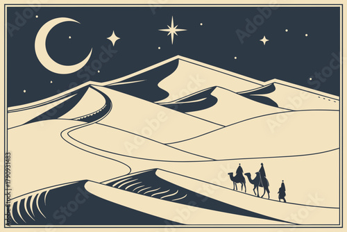 Night desert landscape — sand dunes, crescent moon, stars in the sky, calm tones