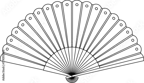 Traditional folding fan, black and white line drawing, scalloped edge, radial symmetry, vintage accessory, Japanese style, elegant cultural design