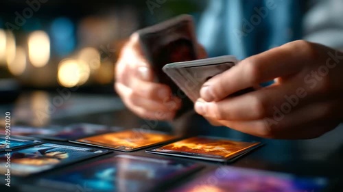 Gamer explaining collectible card strategy, colorful cards on desk, excitement and engagement, game culture, creativity and intellect, community education, entertainment and fun, s