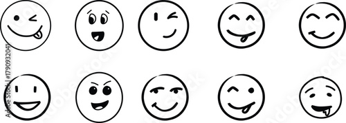 emoji face  Emoticon features emoji faces in   smile, happy, sad, angry, and surprised expressions color, simple line smiley face vector illustration. Doodle Emoji face icon set. Hand drawn sketch sty