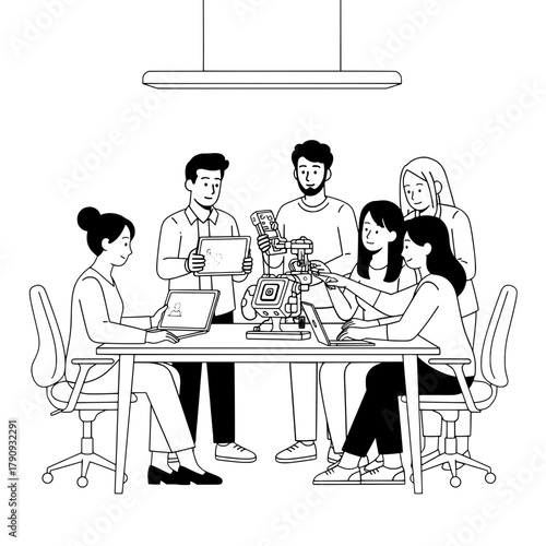 Engaged diverse professional team collaboratively developing an advanced robot prototype utilizing modern technology in an innovative workspace