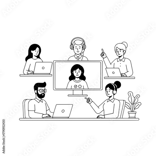 Diverse business professionals collaborate in a virtual video conference meeting showcasing remote teamwork and digital communication in a clean vector workspace