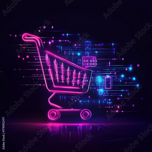 Neon Shopping Cart in Digital Space