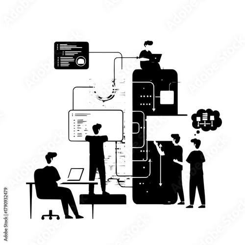 IT professionals dedicated data architects orchestrating server functions in dynamic digital landscape featuring linked infrastructure visualizing intricate data processing workflow