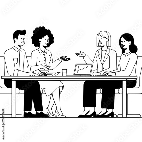 Diverse business professionals collaborate and discuss ideas around a conference table with a laptop and documents in a modern line art illustration
