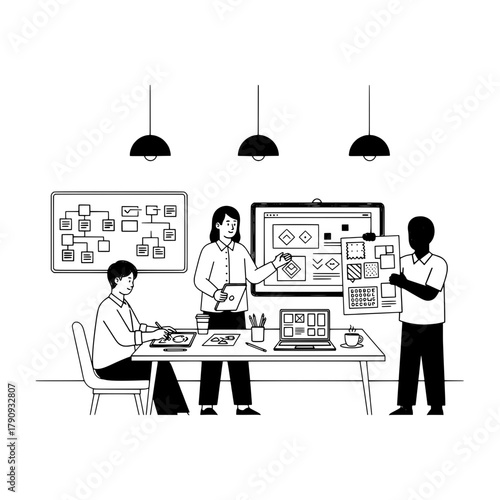 Three creative individuals actively developing and discussing user interface and graphic design project visuals in a dynamic office setting with digital displays and physical samples