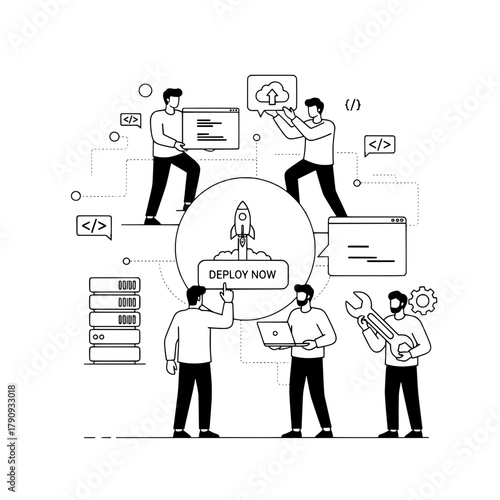 A collaborative software development team deploys applications in a conceptual workflow diagram featuring server racks cloud integration and a rocket launch button