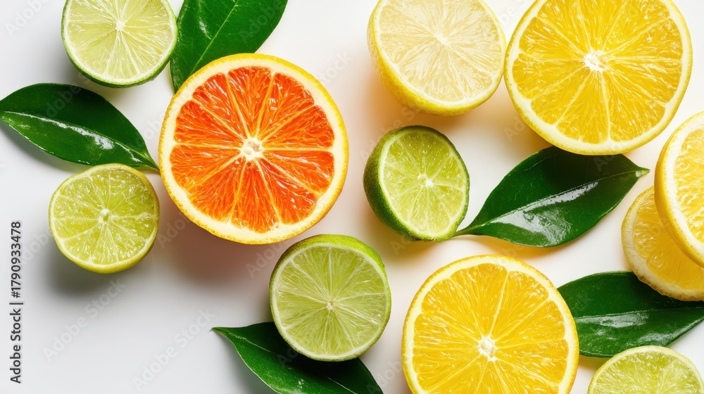 Fototapeta premium Citrus fruits of various kinds are neatly displayed on a white background. Slices of oranges, lemons, and limes create a colorful arrangement. Fresh green leaves add contrast and freshness.