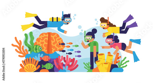 Underwater Exploration: Divers, Marine Life, and Cognitive Discovery in Vibrant Illustration