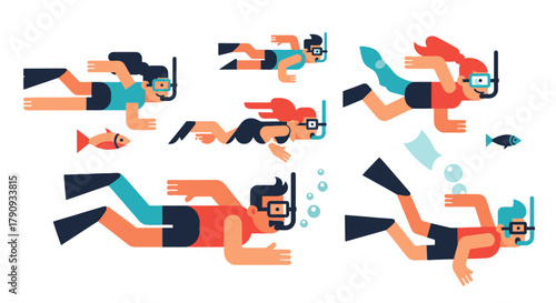 Underwater Exploration: Divers Swimming Amidst Colorful Fish And Bubbles For Marine Life