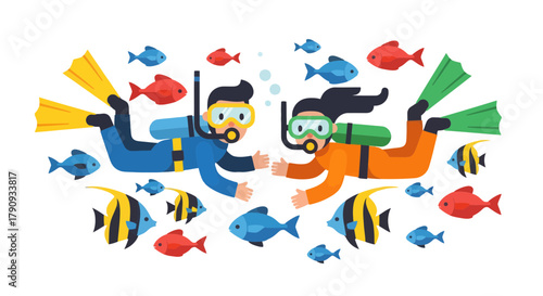 Underwater Exploration: Divers Swimming Alongside Varied Fish Species in Dark Waters