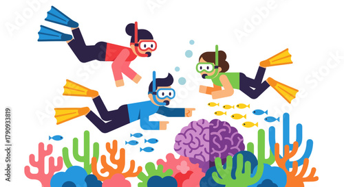 Underwater Exploration: Divers Swimming Above a Brain Surrounded by Colorful Coral