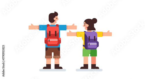 Two Friends Ready For Adventure With Backpacks, Reaching For The Road, Smiling