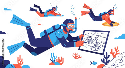 Underwater Exploration: Diving Illustration Depicting Marine Life and Artistic Creativity