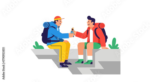 Two Friends Sharing Drinks Together While Enjoying Recreation In Outdoor Adventure
