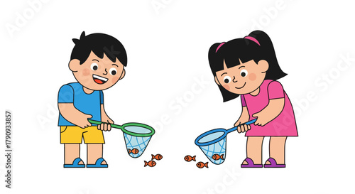 Two Happy Children Catching Fish With Nets, Summer Activities and Childhood Fun