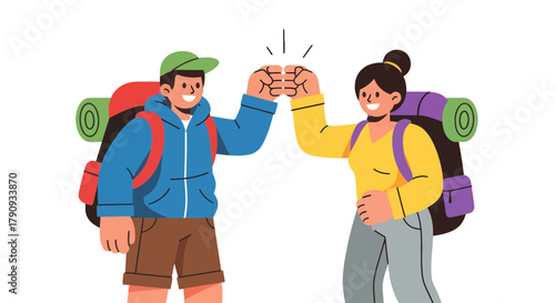 Two Happy Hikers Giving A Fist Bump Signifying Success And Teamwork In Adventure