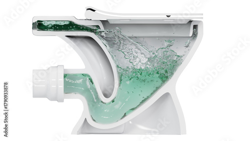 Toilet flushing system. Cross section view, isolated on a transparent background. 3D illustration