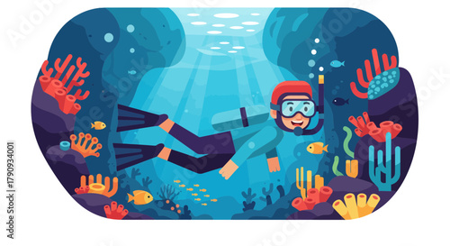 Underwater Exploration With A Scuba Diver And Marine Life Illustration