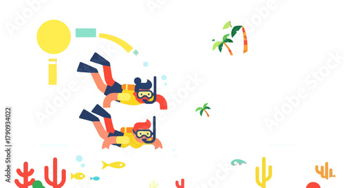 Underwater Exploration With A Sun And Couple Of Divers In A Tropical Paradise