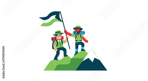 Two Hikers Celebrate Summit Success With Flag On The Peak With Victory Feeling Enjoying