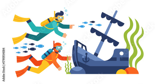 Underwater Exploration With Divers And A Sunken Ship Depicted In Colorful Illustration
