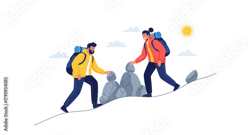 Two Hikers Climbing Rocky Terrain Illustrating Teamwork and Perseverance Towards Goal Achievement