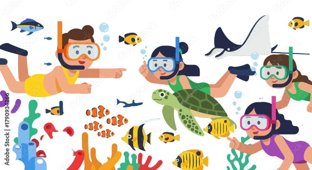 Fototapeta premium Underwater Joyful Scene Depicts Scuba Divers Exploring Marine Life in Tropical Waters