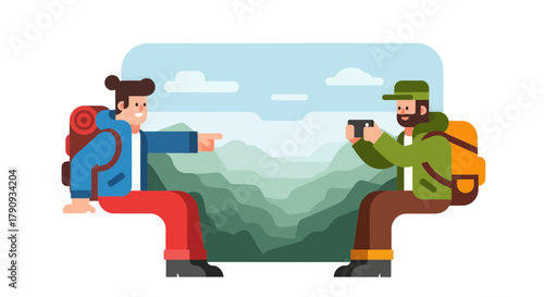 Two Hikers Enjoying The Landscape, One Photographing And Another Pointing To The View