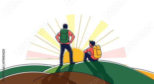 Two Hikers Enjoying The Sunrise On A Mountain, Adventure And Expedition Concept