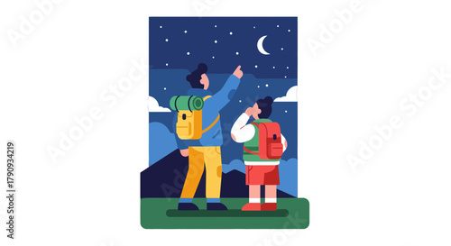 Two Hikers Enjoying The Night Sky And Moon During An Outdoor Adventures
