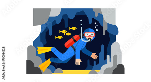 Underwater Explorer Navigating Submerged Cave System Amidst Marine Life's Presence