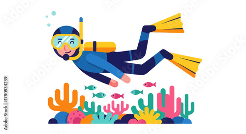 Underwater Explorer: Scuba Diver Swimming Amongst Coral and Marine Life in Deep Waters