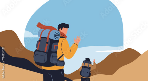 Two Hikers Enjoying The View of Landscape and Mountain on a Beautiful Day