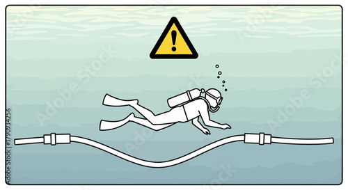 Underwater Hazard: A Diver Is Approaching Danger Near A Submerged Cable in the Sea