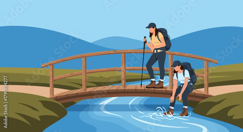 Two Hikers Explore Nature Crossing a Stream and Bridge, Adventure and Exploration