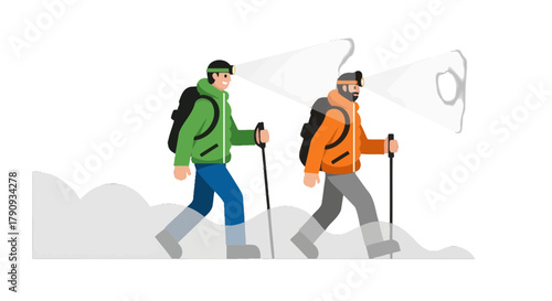 Two Hikers Explore the Dark Mountains Illuminated by Headlamps in the Wilderness