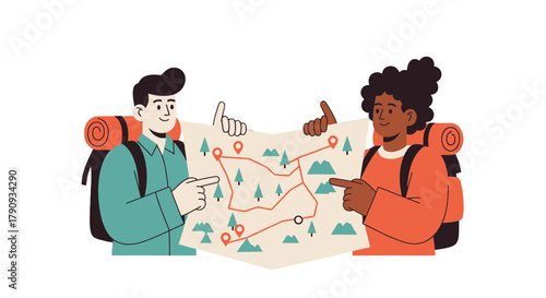 Two Hikers Explore the Map Together, Planning the Optimal Hiking Trail in Nature