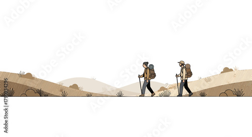 Two Hikers Explore the Terrain, Adventuring Together in the Wilderness