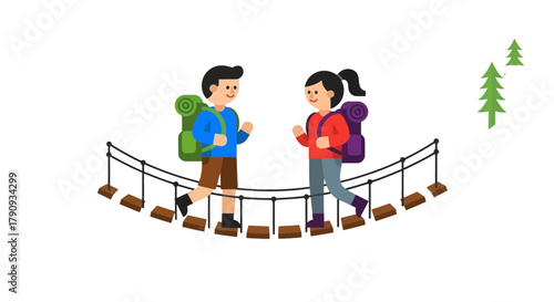 Two Hikers Explore the Wilderness Crossing a Suspended Bridge and Embrace Adventure