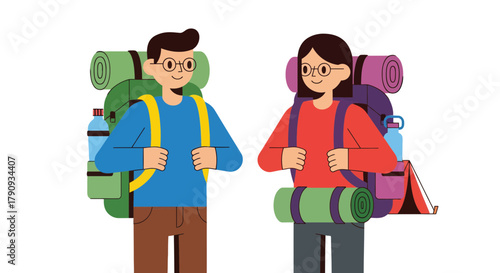 Two Hikers Ready For Adventure With Backpacks And Sporting Glasses For The Expedition