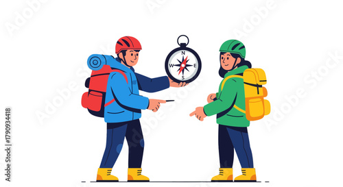 Two Hikers Navigating With Compass Finding The Right Direction For Their Adventure Goals