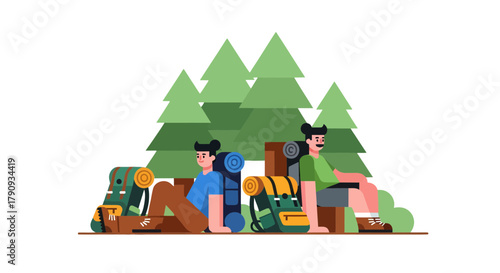 Two Hikers Resting Near Trees After Completing A Successful Outdoor Expedition