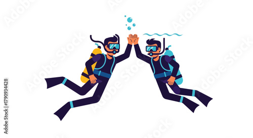 Underwater Scuba Divers High Fiving, Celebrating Success, Against a Black Background