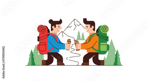 Two Hikers Sharing Energy Bars During Mountain Adventure Against Black Background